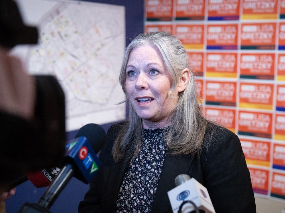  ‘you can’t take the people here for granted.’ windsor west ndp candidate lisa gretzky speaks to reporters while celebrating her provincial re-election victory at her campaign headquarters on walker road on thursday night, feb. 27, 2025.