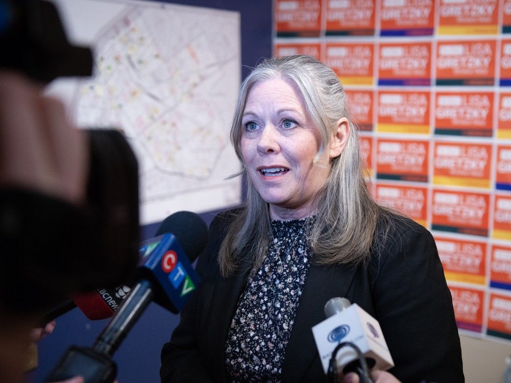  new democrat lisa gretzky speaks to reporters while celebrating a provincial election victory for windsor west at her campaign headquarters on walker road on thursday, feb. 27, 2025.