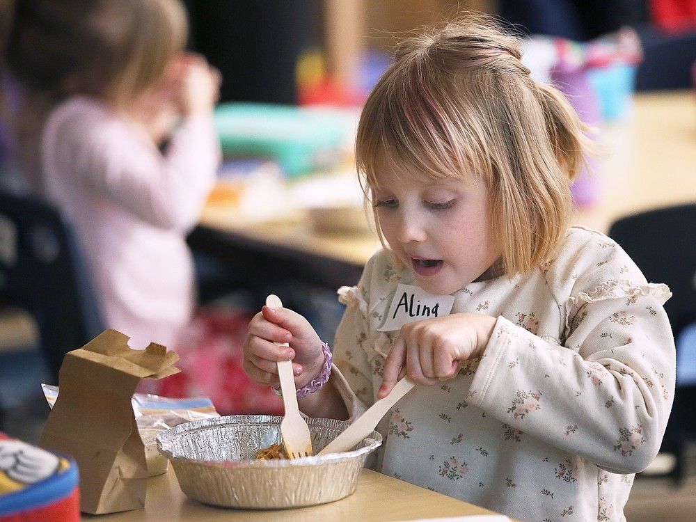 Alina Daniliuk, a student at the Kindergarten at the Roseville General School in Windsor, and had her lunch on Wednesday, February 19, 2025. 