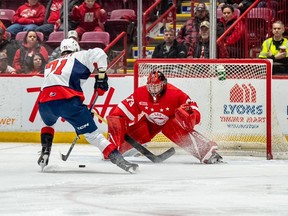 The Windsor Spitfires striker Jack Nesbitt (71) alone enters Sault Ste. Marie Jeffors Nolan Lalond goalkeeper, but he cannot turn the opportunity to a goal during Monday in the GFL Memorial Gardens.