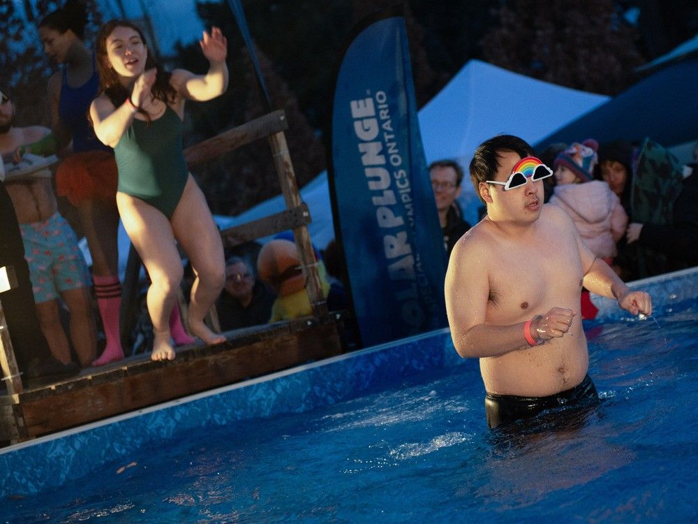  local swimmers enter chilly water during friday night’s polar plunge for special olympics ontario in downtown windsor.