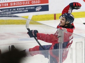 Windsor Spitfires defensive Carson Woodall celebrates after his scoring against Sault Ste on Thursday. Mary Greyhound at WFCU Center.