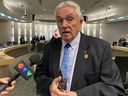 Amersburg Mayor Michael Prue spoke with reporters after a regular meeting of Essex County Council on Wednesday, April 2, 2025.