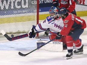 Windsor Spitfires forward Ryan Abraham defeated Kitchener Rangers goalkeeper Jackson Parsons to open the scoring in Saturday's game at the WFCU Center.