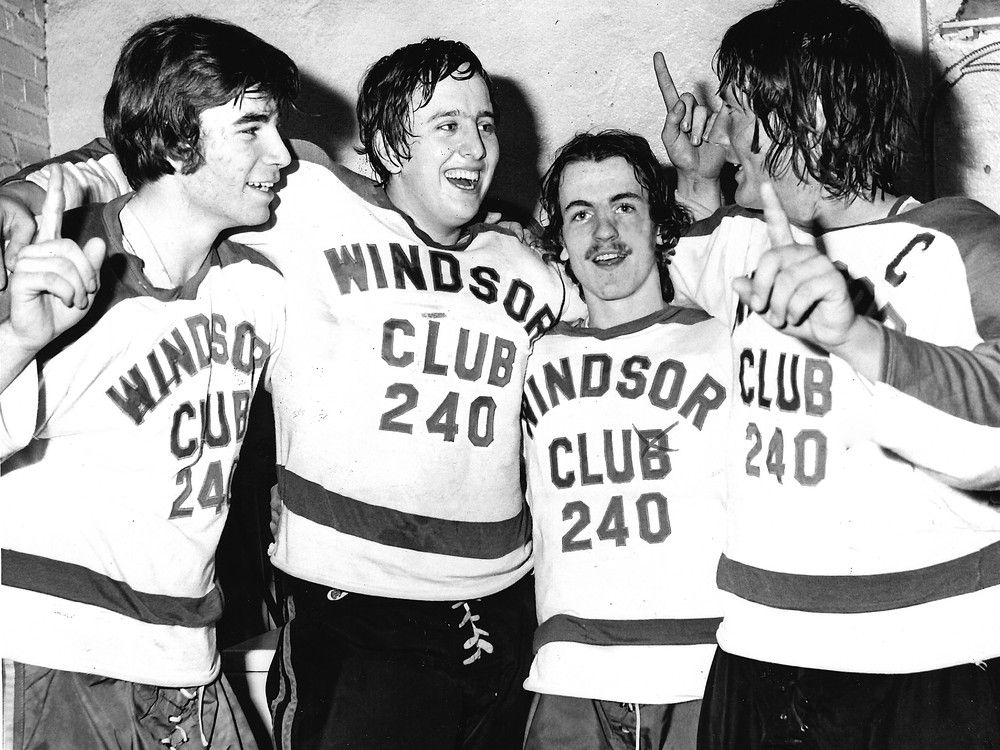 club 240 players, from left, al figgins, larry mccrae, dave moore and jim dalton celebrate after the windsor minor hockey association team captured the all-ontario juvenile aaa title in 1975.