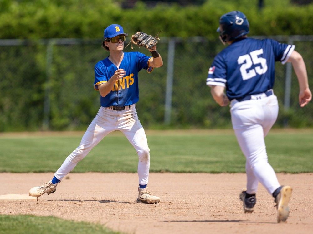  the st. anne saints evan schweyer forces out upper canada college’s will greer during the ofsaa bronze medal game at stronach park in london.
