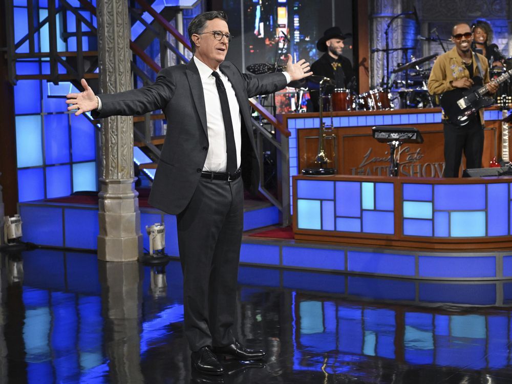 This image released by CBS shows Stephen Colbert during a taping of "The Late Show with Stephen Colbert" on Monday, July 21, 2025, in New York. (Scott Kowalchyk/CBS via AP)