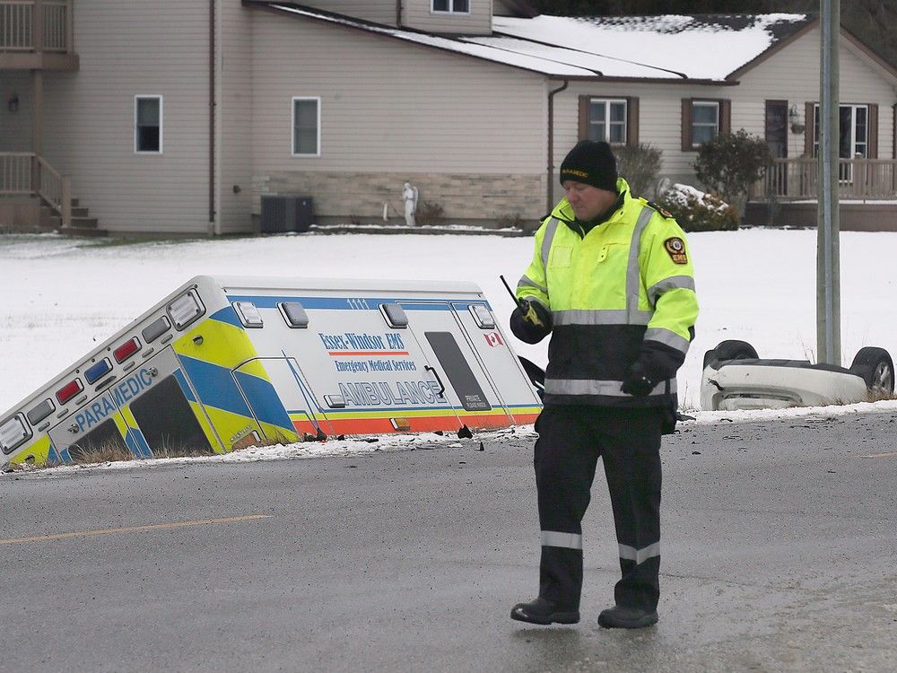 An ambulance is in a ditch, and an Amherstburg intersection is closed following a two-vehicle crash on Tuesday afternoon.