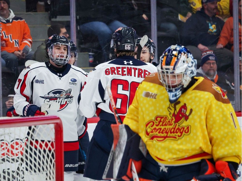 Defenceman Jakub Fibigr (No. 7 at left) celebrates his first goal with the club with teammates Liam Greentree (No. 66) and Nathan Villeneuve (No. 89) in front of Flint Firebirds' goalie Mason Vaccari on Saturday at the Dort Financial Center.