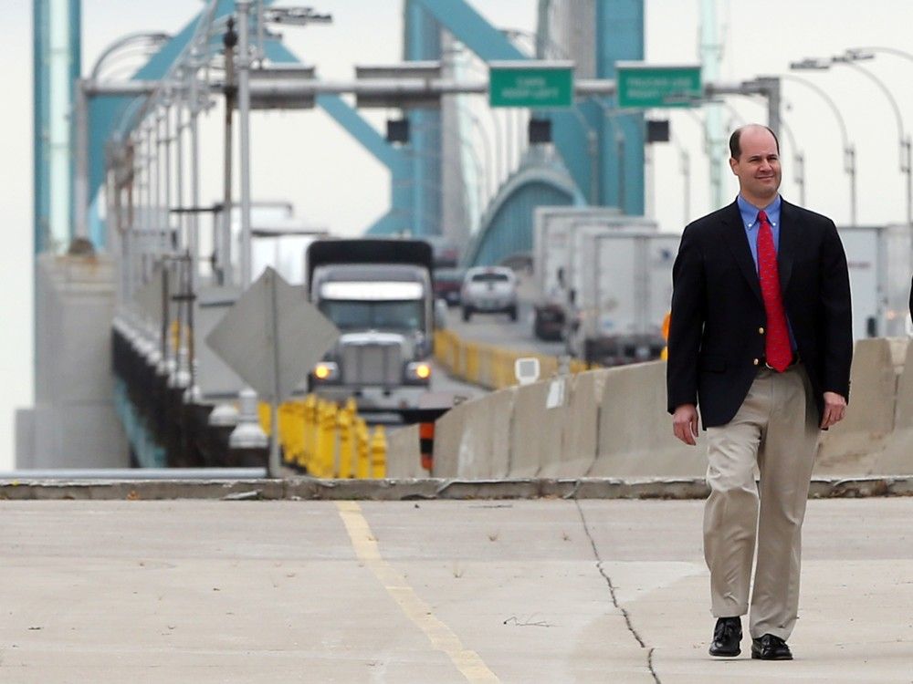  Matthew Moroun, son of Ambassador Bridge owner Matty Moroun, walks on the west plaza on the Canadian side of the international crossing on Thursday Oct. 15, 2015. Moroun called a press conference to question the City of Windsor and the closure of several streets under the bridge.