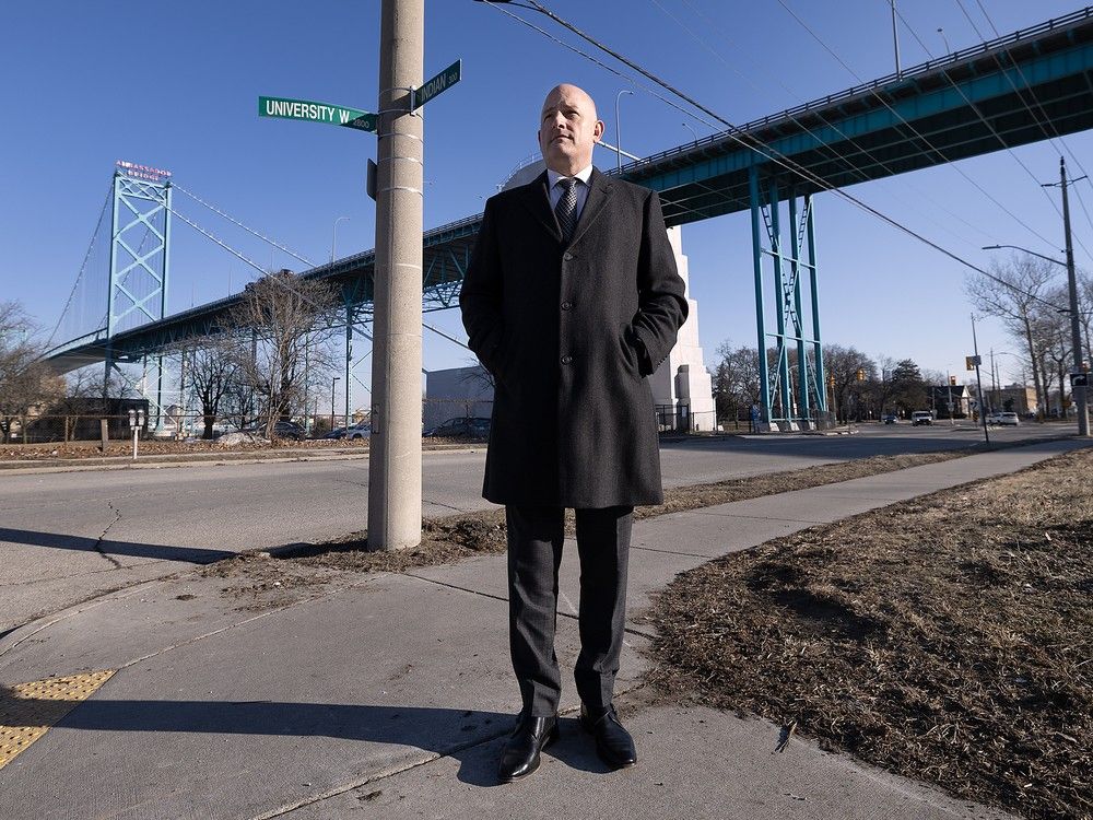  Windsor Mayor Drew Dilkens is shown near the Ambassador Bridge on Thursday, Feb. 26, 2026.