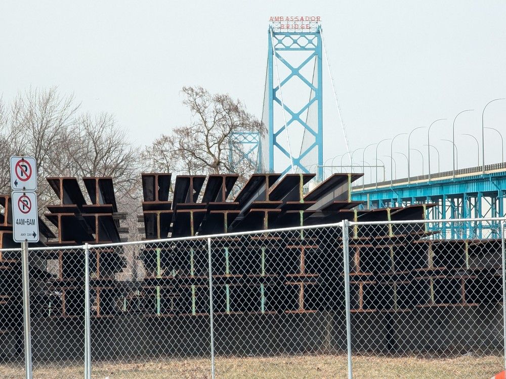  Steel beams sit on otherwise vacant land immediately west of the Ambassador Bridge on Thursday, Feb. 26, 2026.