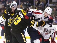 Windsor Spitfires' defenceman Jonathan Brown (5) is grabbed by Sarnia Sting forward Brenner Lammens (93) during Friday's game at the Progressive Auto Sales Arena.