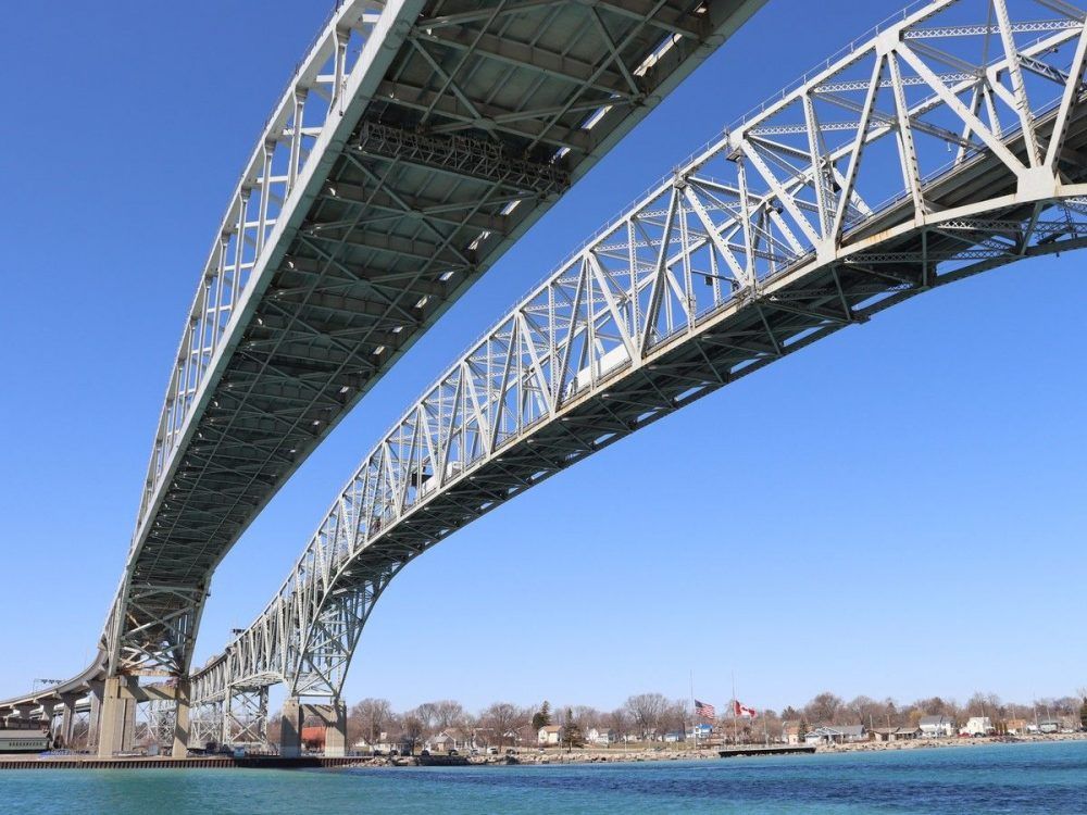 The twin spans of the Blue Water Bridge connect Sarnia's neighbour, Point Edward, on the Ontario side of the St. Clair River with Port Huron in Michigan.