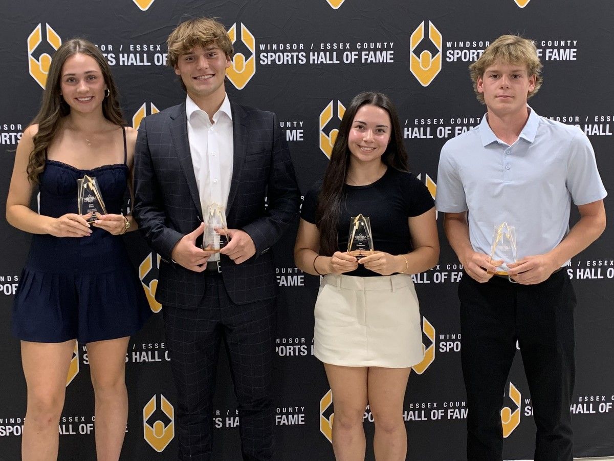 From left, Holy Names' Anna Pozzi and Ty Vidamour, Essex's Ava Harrison and Caleb cavanagh were honoured at the Ciociaro Club as WECSSAA's top athletes for 2025-26.