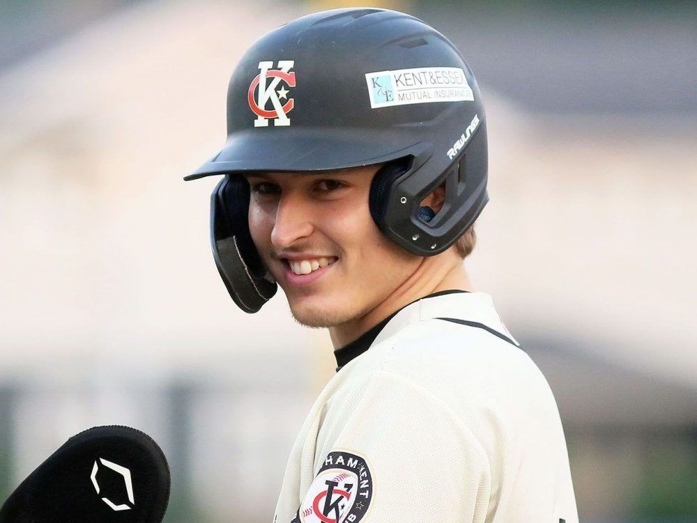 Chatham-Kent Barnstormers' Evan Morrison (44) looks into their dugout after hitting a single against the Toronto Maple Leafs at Fergie Jenkins Field at Rotary Park in Chatham, Ont., on Saturday, June 7, 2025. (Mark Malone/Chatham Daily News)