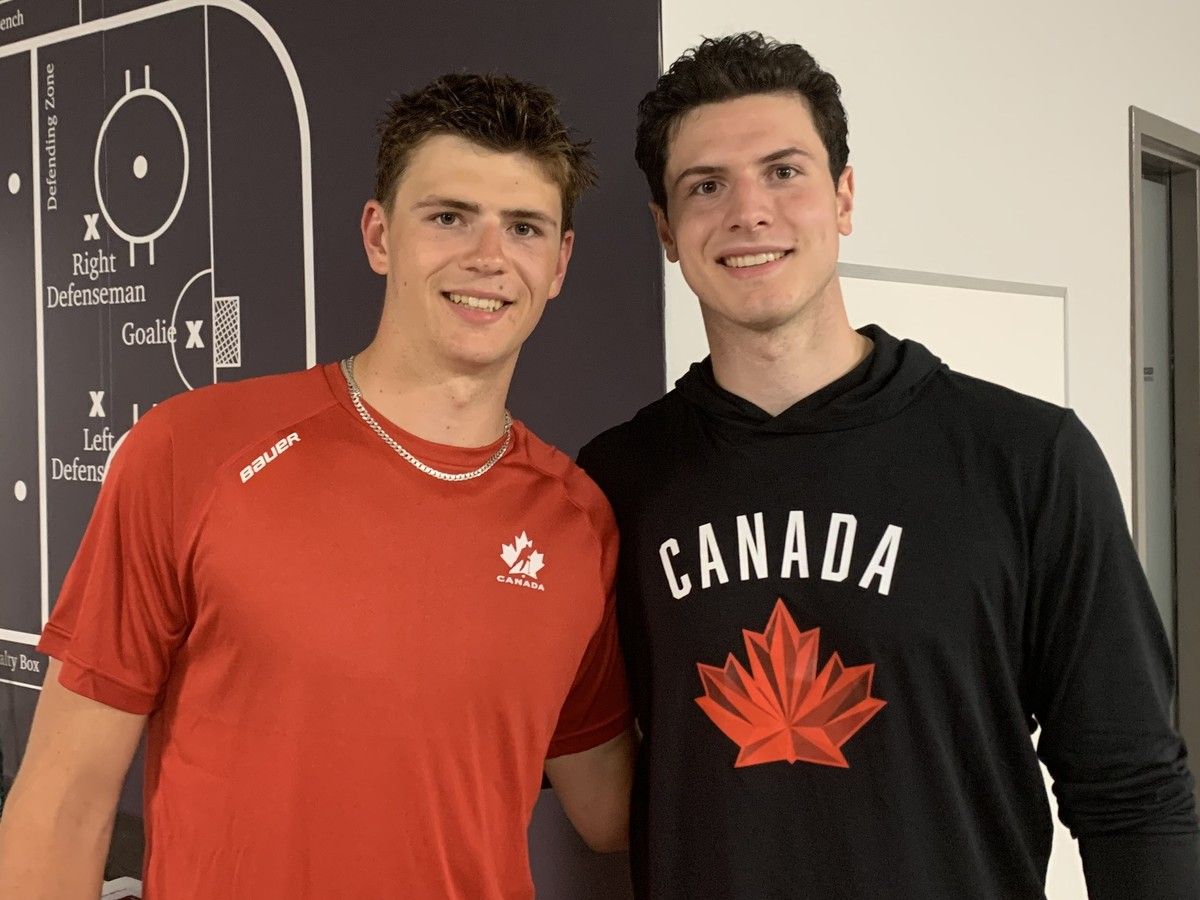 Former Windsor Spitfires Jack Nesbitt, left, and Ethan Belchetz, who are headed to the NCAA, were back at the WFCU Centre this week playing for Canada at the World Junior Summer Showcase.