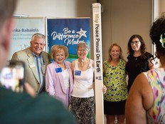 new Peace Pole that stands inside of the St. Clair College Centre for the Arts