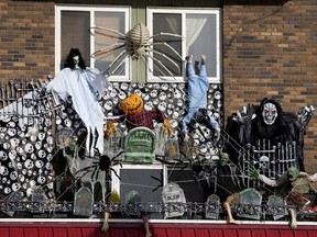 A house decorated for Halloween.