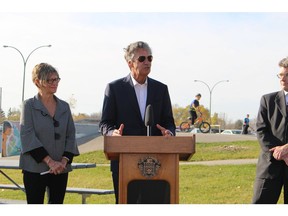 Former Manitoba Premier Gary Doer takes part in the official renaming of a skate board park after former NDP minister Nancy Allan on Friday, Oct. 20, 2017. JOYANNE PURSAGA/Winnipeg Sun