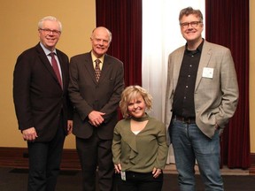 Samantha Rayburn-Trubyk, president of the Little People of Manitoba with NDP MLA Greg Selinger (from left), Liberal MLA Jon Gerrard and Liberal leader Dougald Lamont.