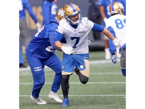 Winnipeg Blue Bombers Weston Dressler, during team practice, in Winnipeg. Thursday, October 19, 2017. The veteran slotback returns to the Blue Bombers lineup for Saturday's game against the Toronto Argonauts after missing three weeks.