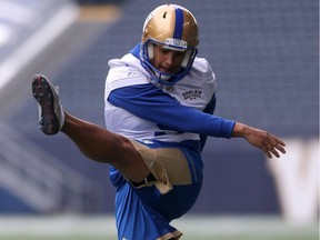 Winnipeg Blue Bombers kicker Justin Medlock, during team practice, in Winnipeg. Tuesday.