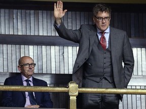 Manitoba Liberal Party leader Dougald Lamont (right), sitting with president Paul Brault, is acknowledged during question period at the Manitoba Legislature on Mon., Oct. 23, 2017. Kevin King/Winnipeg Sun/Postmedia Network
Kevin King, Kevin King/Winnipeg Sun