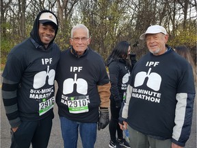 Canadian sprinter and Olympic medallist Aaron Brown (left) with Henry Bergmann (centre) and Donald Knight, two of the participants in the Winnipeg stop on the 'Six-Minute-Marathon' tour to raise awareness of Idiopathic Pulmonary Fibrosis (IPF) on Sunday, Oct. 29, 2017 at the Assiniboine Park Conservatory parking lot Sunday.