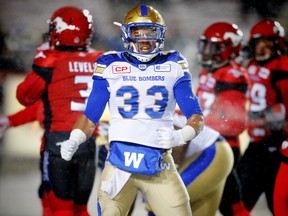Winnipeg Blue Bombers Andrew Harris celebrates after a first down against the Calgary Stampeders during CFL football on Friday, November 3, 2017. Al Charest/Postmedia
