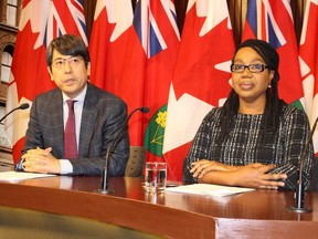 Dr. Hirotaka Yamashiro and Dr. Sharon Burey, of Pediatricians Alliance of Ontario, spoke at a news conference about the impact of legalized recreational marijuana on young people at Queen`s Park on Friday, Nov. 17 2017.