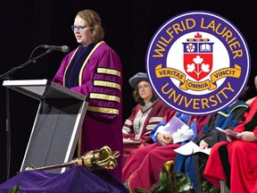 Dr. Deborah MacLatchy delivers an address on Tuesday October 31, 2017 during the Laurier Brantford fall convocation at the Sanderson Centre in Brantford, Ontario. (Brian Thompson/Brantford Expositor/Postmedia Network)