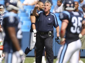 Argos coach Jim Barker gives the officials an earful after a 15-year penalty was called against his team in a 2010 CFL game.