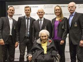 Mike Weir, left to right, Simon Whitfield, Dr. Charles Tator, Cindy Klassen, Lanny McDonald and Kay MacBeth, sitting pose for a photo after a press conference to announce their induction into the Canadian Sports Hall of Fame in Toronto, on Thursday, November 9, 2017. THE CANADIAN PRESS/Chris Young ORG XMIT: chy101

CORRECTED VERSION
Chris Young,