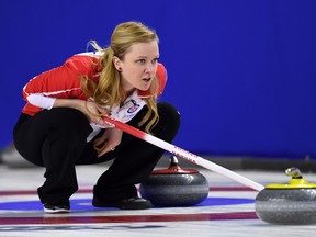 Canada's skip Chelsea Carey calls the shot while taking on Nova Scotia in the 3rd draw of the Scotties Tournament of Hearts in St. Catharines, Ont., on Sunday, Feb. 19, 2017. THE CANADIAN PRESS/Sean Kilpatrick ORG XMIT: SKP122