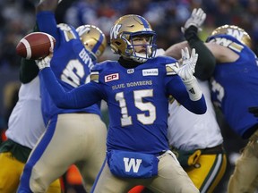Bombers quarterback Matt Nichols (15) was thrilled to see the team re-sign many of its core players who were potential free agents and add a few more pieces from other teams and he also enjoyed watching the business side of the game unfold.