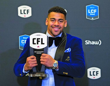 Winnipeg Blue Bombers running back Andrew Harris, recipient of the Most Outstanding Canadian award, poses backstage at the CFL awards in Ottawa on Thursday, Nov. 23, 2017. THE CANADIAN PRESS/Nathan Denette