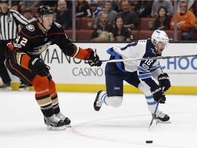 Josh Manson (42) knocks the puck away from Winnipeg Jets center Bryan Little (18) during NHL hockey action in Anaheim, Friday.