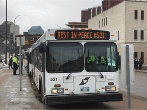 A bus takes part in the funeral for Winnipeg Transit bus driver Irvine Fraser in Winnipeg, Tuesday, Feb. 21, 2017. Irvine Fraser died last Tuesday after he was allegedly attacked by a passenger on his bus at the University of Manitoba.