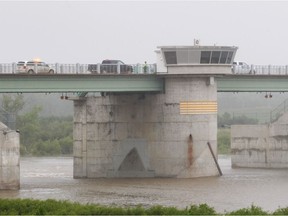 Water flows through the Red River Floodway control structure in Winnipeg.