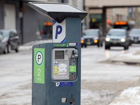 A parking meter is seen in the SHED district in Winnipeg.
