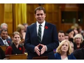 Conservative Leader Andrew Scheer stands during Question Period in the House of Commons on Parliament Hill in Ottawa on Thursday Nov. 2, 2017. THE CANADIAN PRESS/Sean Kilpatrick