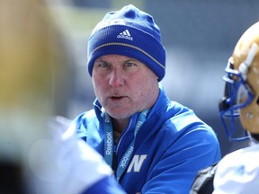 Offensive co-ordinator Paul LaPolice coaches during the Winnipeg Blue Bombers spring camp at Investors Group Field on Thurs., April 27, 2017. Kevin King/Winnipeg Sun/Postmedia Network