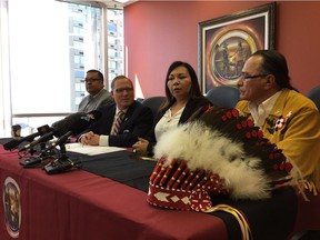 (Left to right) Ron Moniasm CEO of Northern Authority; Minister of Families Scott Fielding; Grand Chief Sheila North Wilson of Manitoba Keewatinowi Okimakanak (MKO); Chief Chris Baker, MKO Child and Family Services portfolio holder at a press conference on Friday, July 28, 2017 in Winnipeg in announce the Manitoba's government has lifted the order of administration and reinstated the board of the First Nations of Northern Manitoba Child and Family Services Authority to oversee First Nations child welfare agencies across the province. The Assembly of Manitoba Chiefs says government plans to expand subsidies to include people seeking permanent guardianship of foster children will only make it faster and easier for kids to be taken from their parents forever.