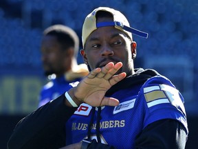 Defensive back Chris Randle works his mojo during Winnipeg Blue Bombers practice on Thurs., Oct. 5, 2017. The Bombers face the Hamilton Tiger-Cats on Friday. Kevin King/Winnipeg Sun/Postmedia Network