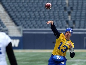 Quarterback Dan LeFevour throws during Winnipeg Blue Bombers practice at Investors Group Field in Winnipeg on Wed., Nov. 1, 2017. Kevin King/Winnipeg Sun/Postmedia Network