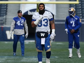 Andrew Harris adjusts his balaclava during Winnipeg Blue Bombers practice at Investors Group Field in Winnipeg. (Kevin King/Winnipeg Sun/Postmedia Network)