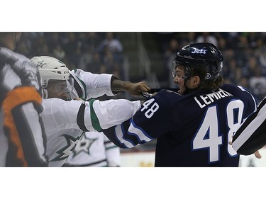 Winnipeg Jets forward Brendan Lemieux (right) scraps Dallas Stars centre Gemel Smith in Winnipeg on Thurs., Nov. 2, 2017. Kevin King/Winnipeg Sun/Postmedia Network
Kevin King, Kevin King/Winnipeg Sun