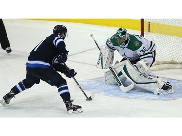 Winnipeg Jets forward Kyle Connor loses the puck on a penalty shot against Dallas Stars goaltender Ben Bishop in Winnipeg on Thurs., Nov. 2, 2017. Kevin King/Winnipeg Sun/Postmedia Network
Kevin King, Kevin King/Winnipeg Sun