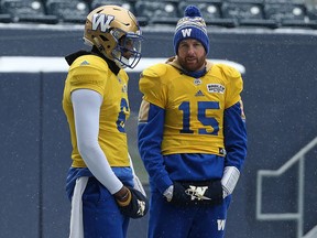 Quarterbacks Matt Nichols (right) and Dominique Davis stand back and watch during Winnipeg Blue Bombers practice in Winnipeg on Wed., Nov. 8, 2017. Kevin King/Winnipeg Sun/Postmedia Network
Kevin King, Kevin King/Winnipeg Sun